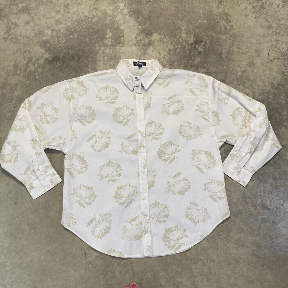 Express Shirt Womens Medium Boyfriend Portofino Button‎ Up Leaf Print White